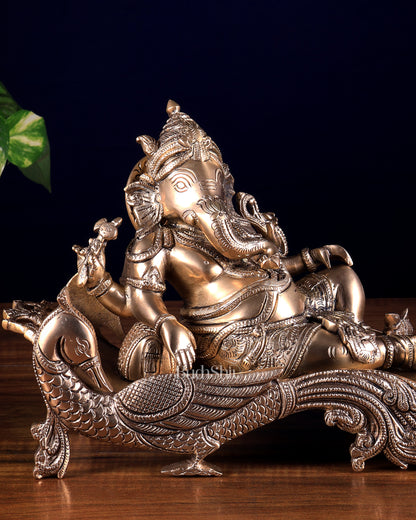 Matte gold Brass Lord Ganesha Statue on Peacock Throne – 11.5" enhanced carvings