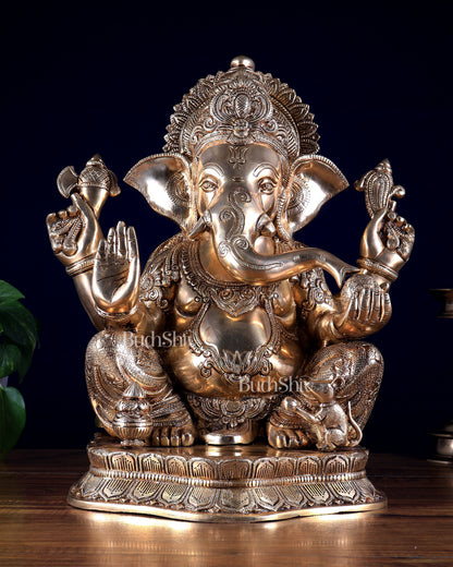 Pure Brass Lord Ganesha Statue with Enhanced Carvings 15.5 inch