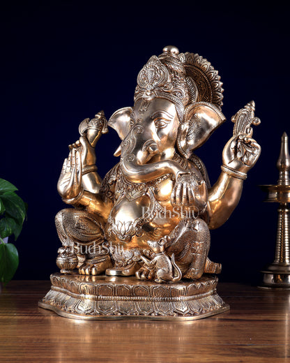 Pure Brass Lord Ganesha Statue with Enhanced Carvings 15.5 inch