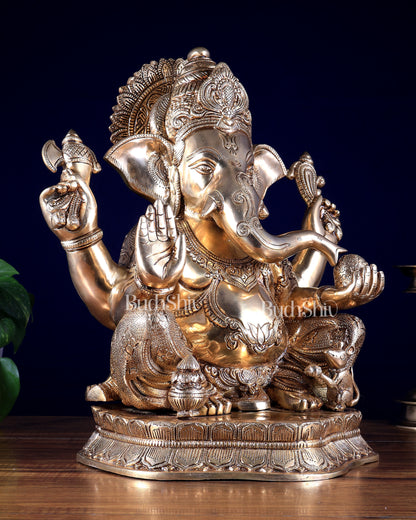 Pure Brass Lord Ganesha Statue with Enhanced Carvings 15.5 inch