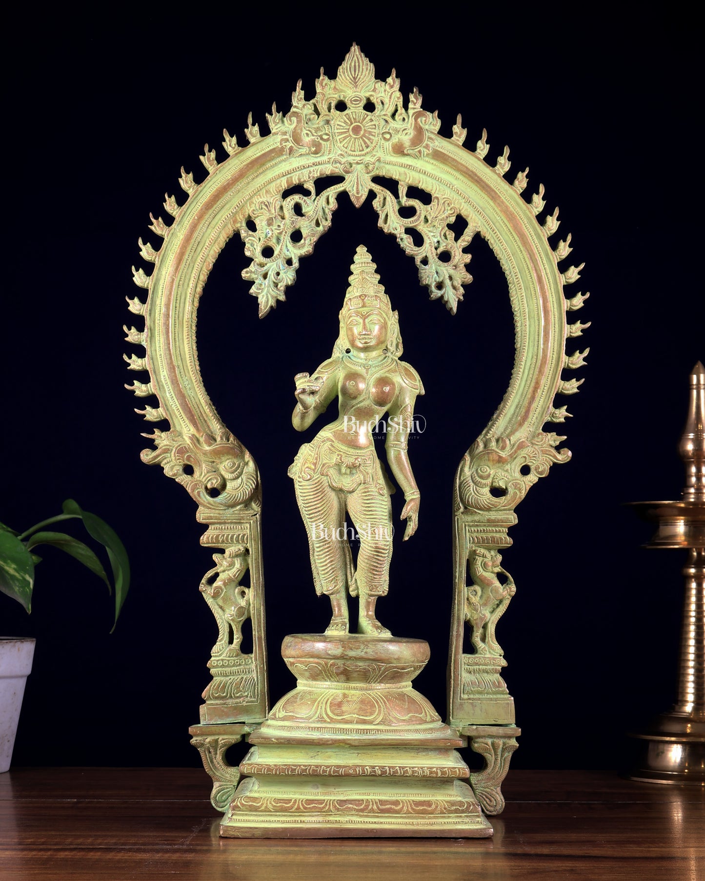 Pure Brass Standing Parvati with Prabhavali – Bhoga Shakti Idol (Green Sand Patina Finish) 18 inch