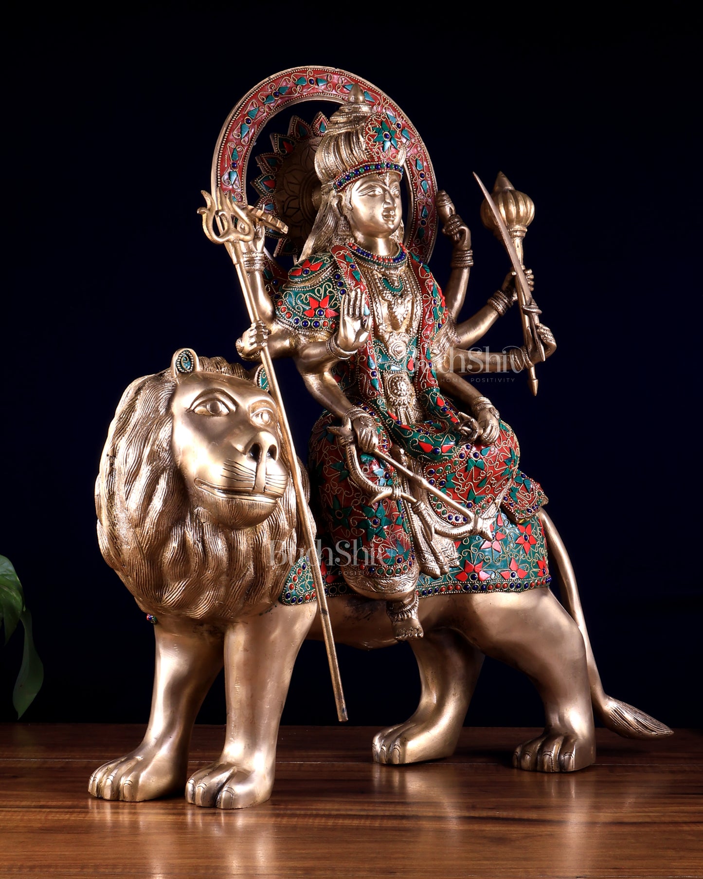 Pure Brass Goddess Durga Statue with floral stone Work - 22 Inch