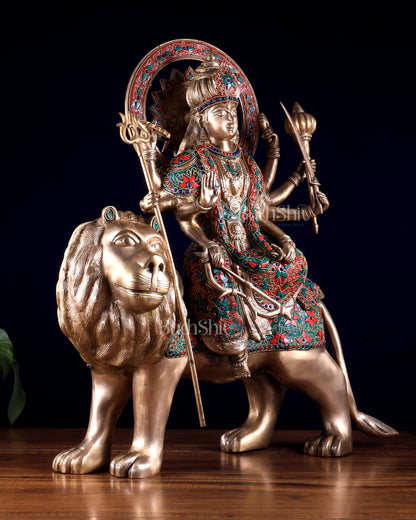 Pure Brass Goddess Durga Statue with floral stone Work - 22 Inch