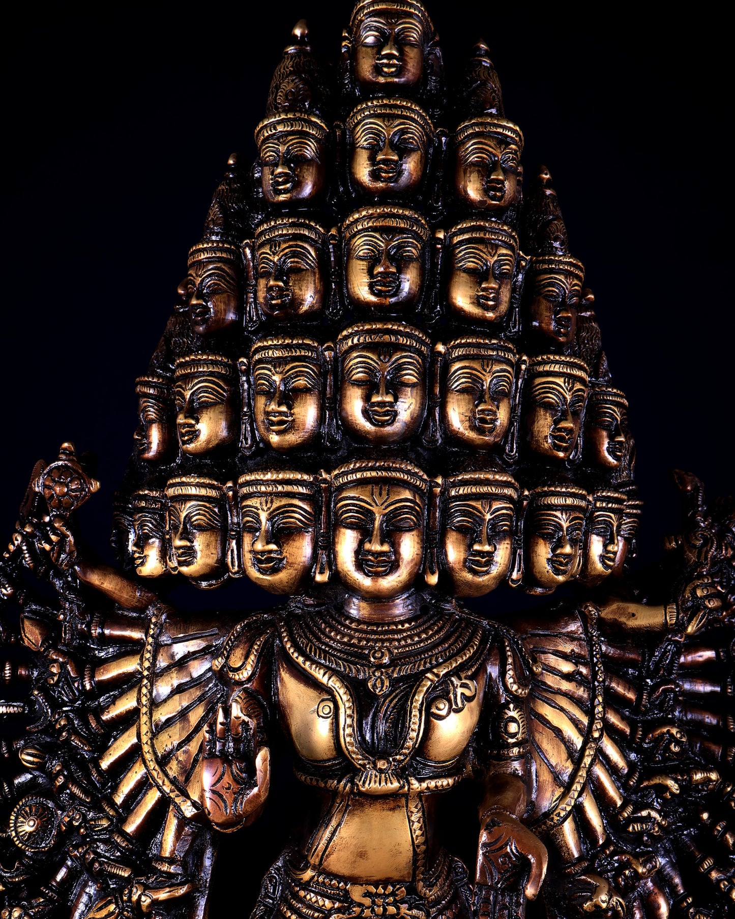 Brass Maha Sadashiva (25‑Faced Lord Shiva) Statue – 21.5″ burnt brass tone