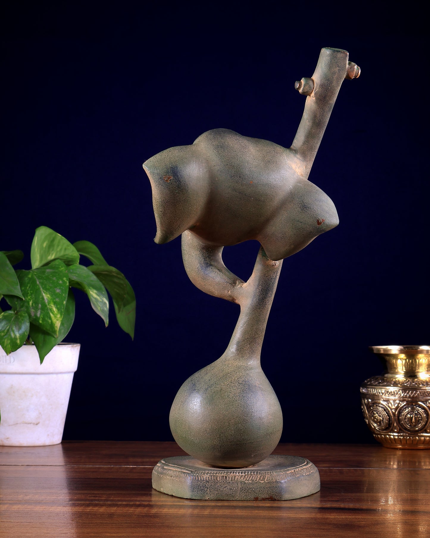 Brass Lord Ganesha with Veena table accent, Sandstone finish- 12 Inch