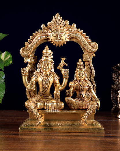 Brass Shiva Parvati Seated with Prabhavali 10.5 inch