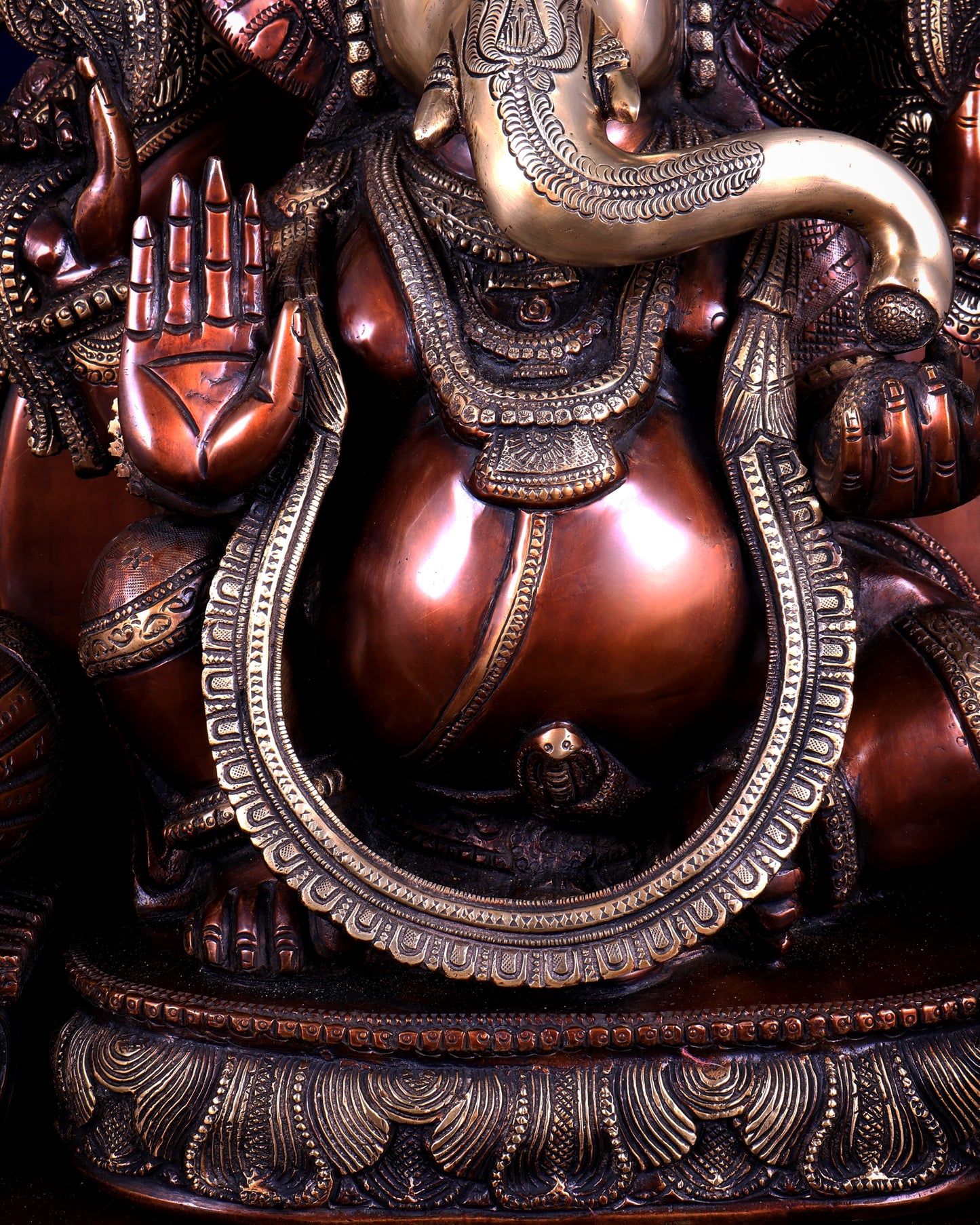 Large Superfine Brass Ganesha Seated on Throne with Gaja Lakshmi Carved Base 34 inch