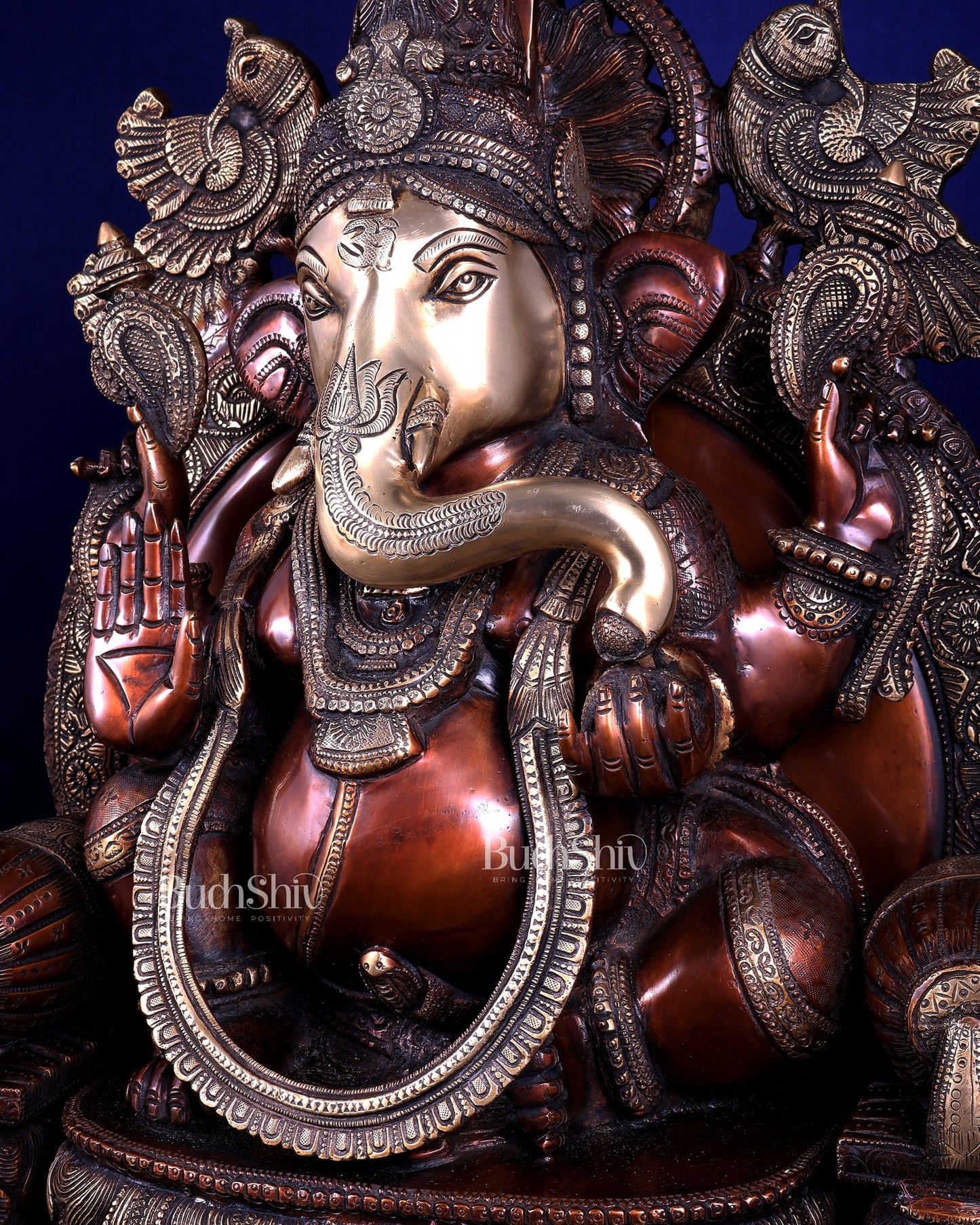 Large Superfine Brass Ganesha Seated on Throne with Gaja Lakshmi Carved Base 34 inch