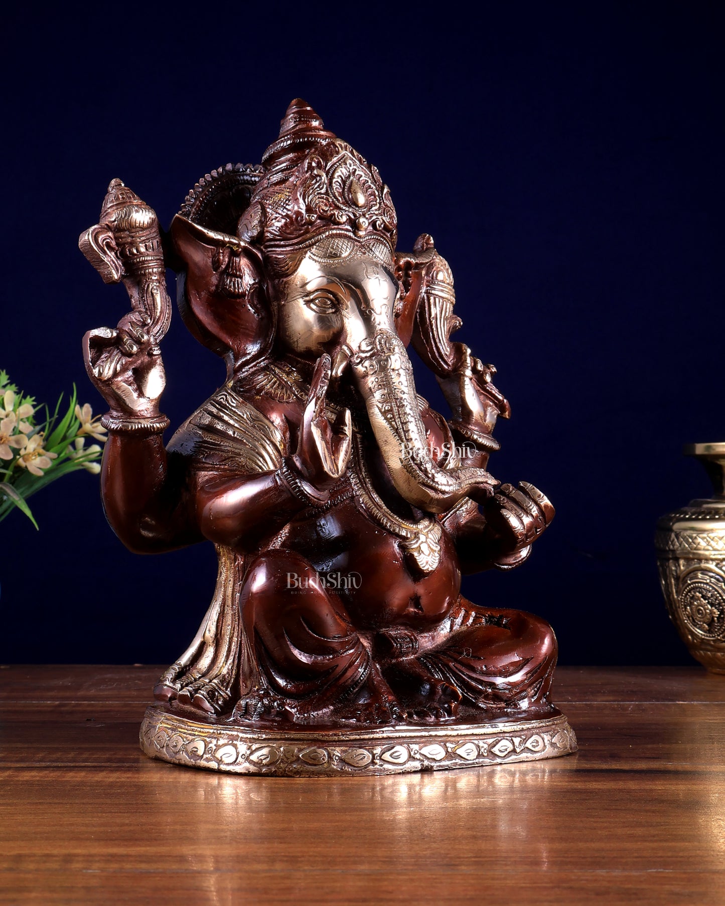 Brass Superfine Lord Ganesha Statue with Dual Tone Finish 9 inch