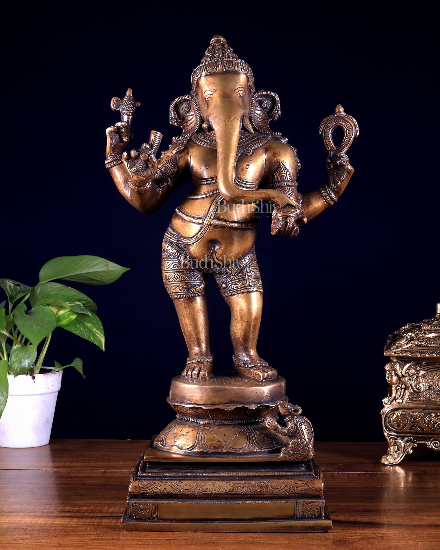 Pure Brass Standing Ganesha Sculpture – Burnt Brass Finish 18 inch