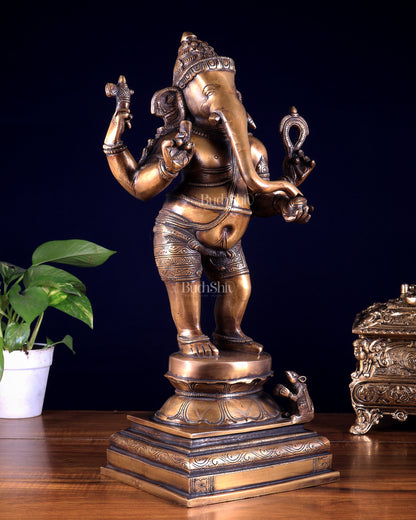 Pure Brass Standing Ganesha Sculpture – Burnt Brass Finish 18 inch