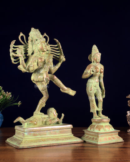 Vintage Brass Dancing Shiva Nataraja with Sivagami Parvati Idol – Green Sand Patina Finish 14 inch