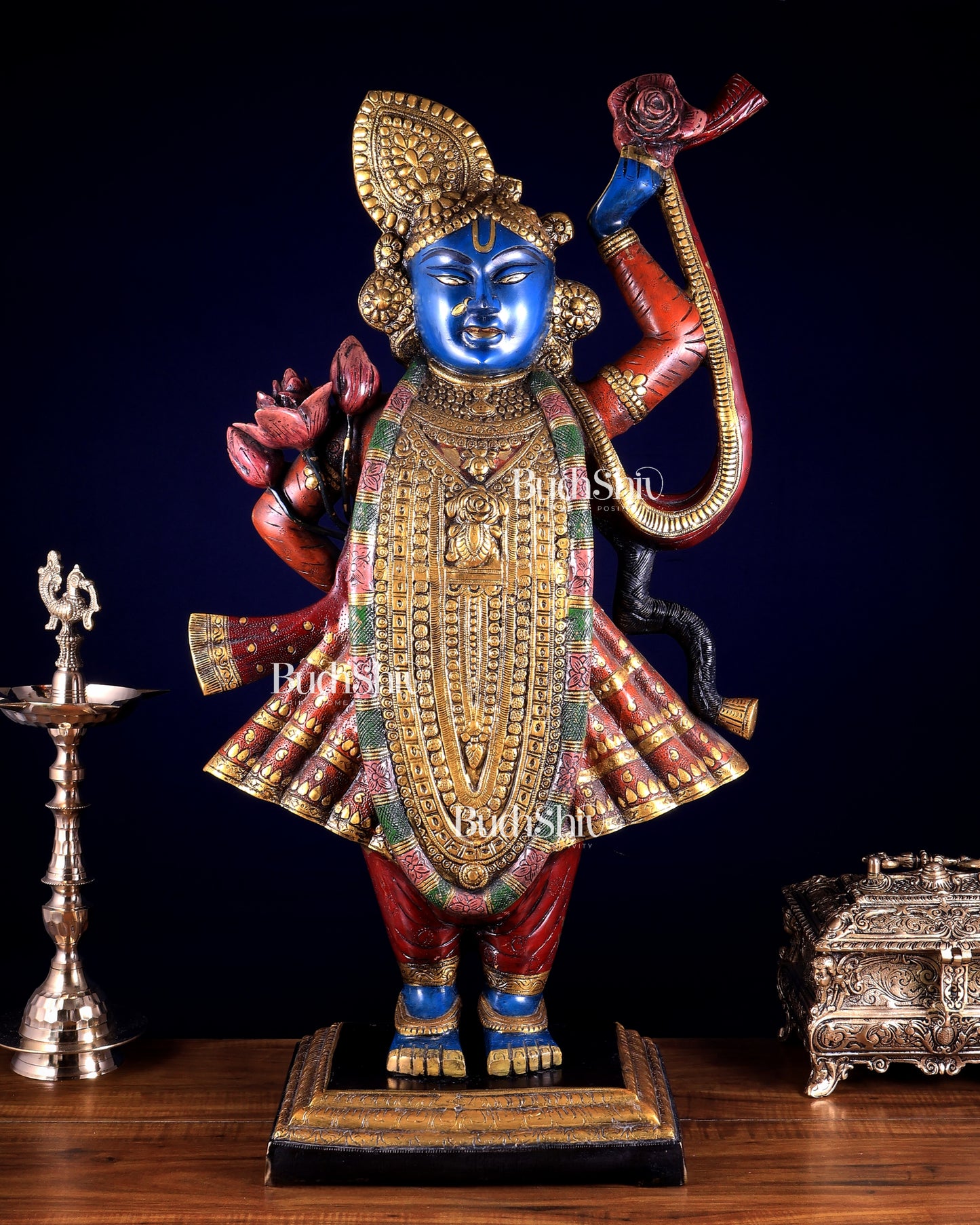 Brass Nathdwara Shrinath Ji Murti Large | 32 " Pichwai hand-painted