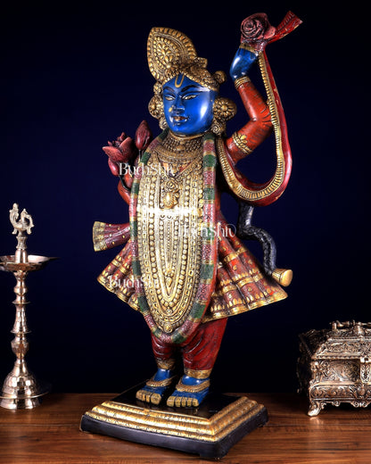 Brass Nathdwara Shrinath Ji Murti Large | 32 " Pichwai hand-painted