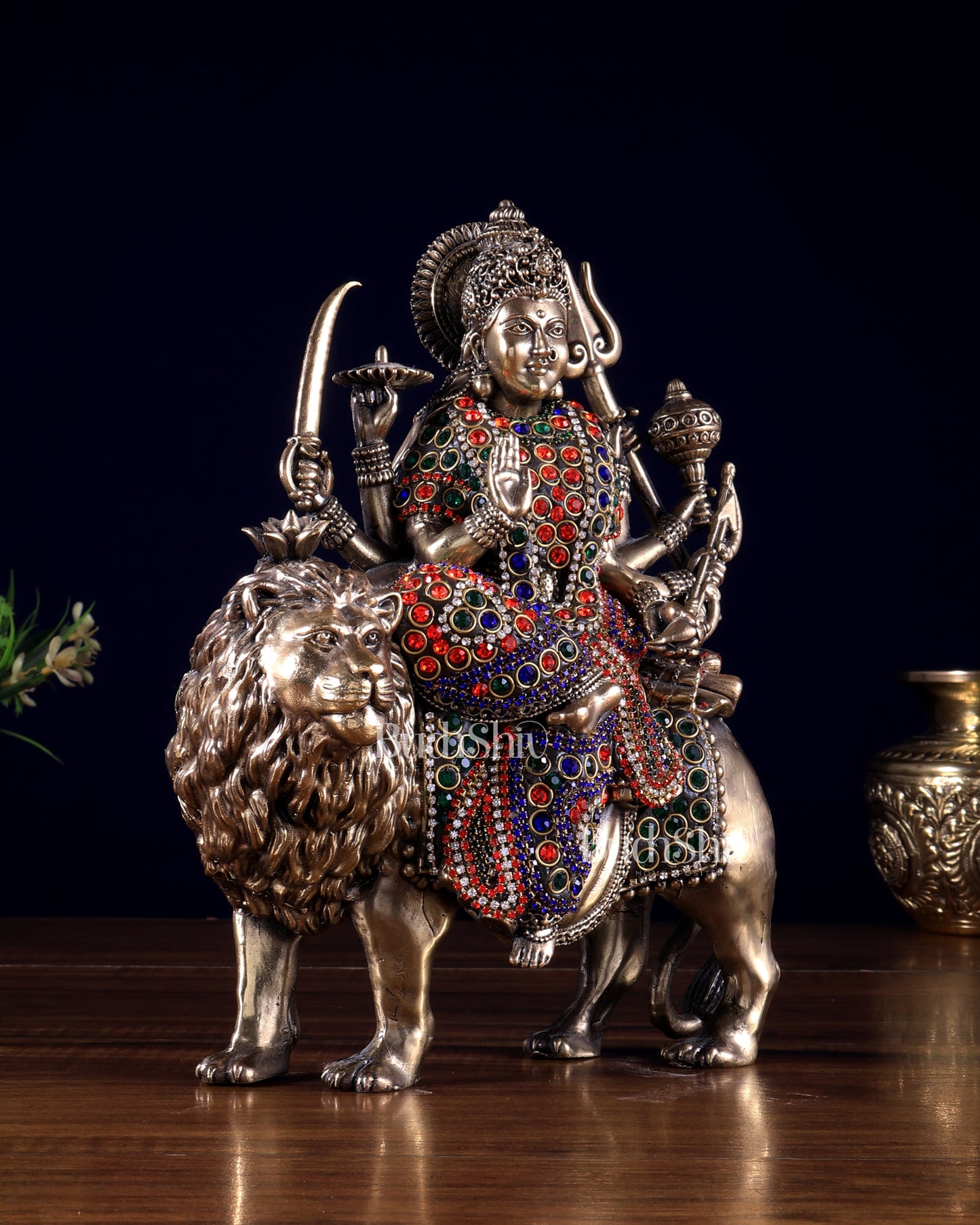 Brass Goddess Durga (Ambe Mata) Idol on Lion – 9.5" Jewellers Meenakari