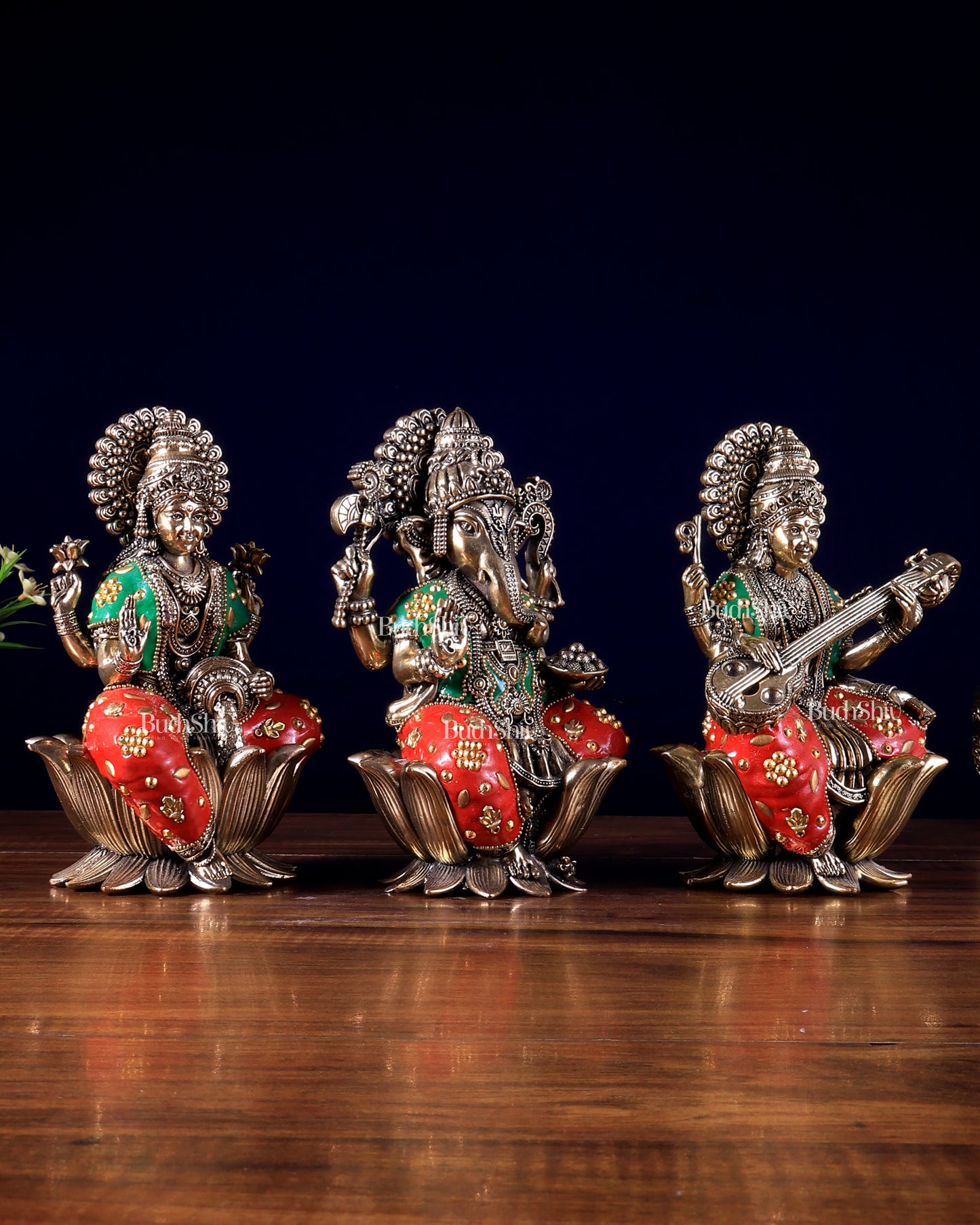 Pure Brass Superfine Ganesha Lakshmi Saraswati Idol Set – Available in 4, 6 & 8 Inches with meenakari