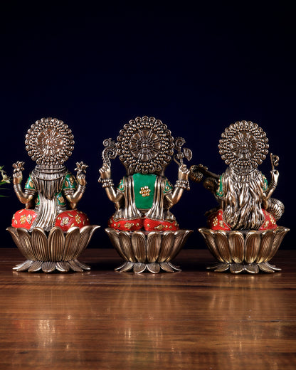 Pure Brass Superfine Ganesha Lakshmi Saraswati Idol Set – Available in 4, 6 & 8 Inches with meenakari