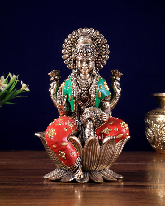 Brass Goddess Dhan Lakshmi on Lotus Idol - 8 Inch meenakari
