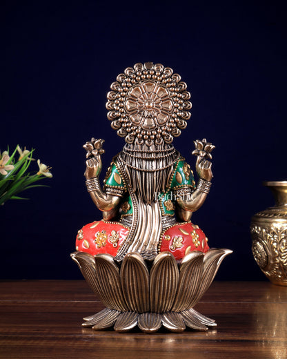 Brass Goddess Dhan Lakshmi on Lotus Idol - 8 Inch meenakari