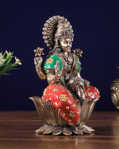 Brass Goddess Dhan Lakshmi on Lotus Idol - 8 Inch meenakari