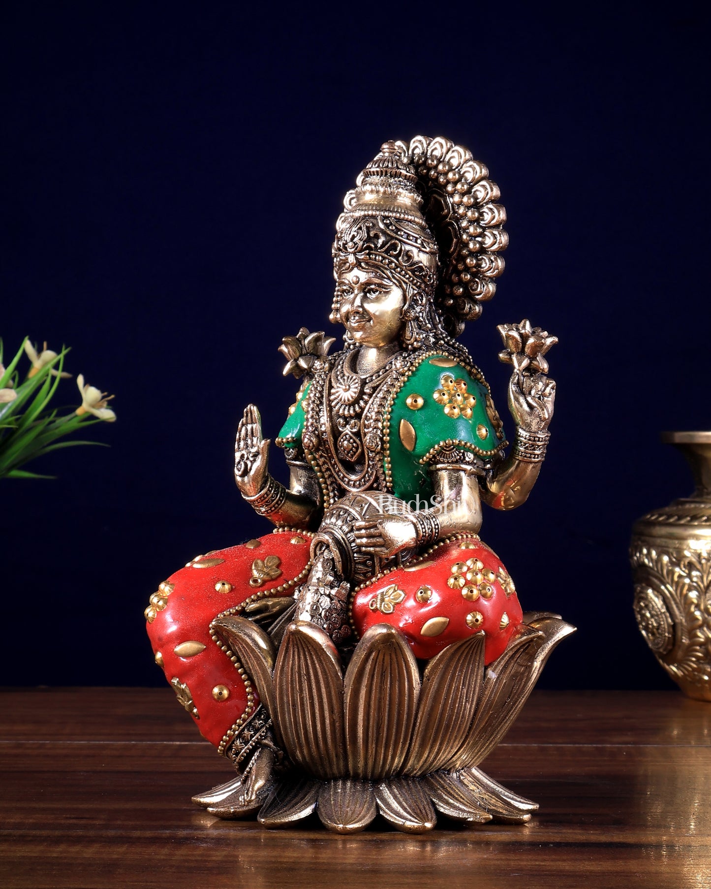 Brass Goddess Dhan Lakshmi on Lotus Idol - 8 Inch meenakari