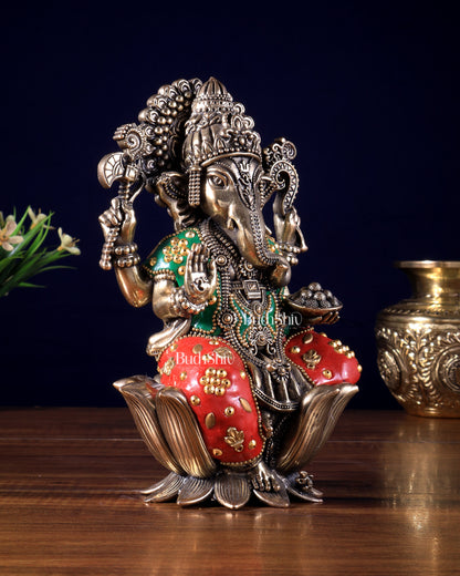 Exquisite Brass Idol of Lord Ganesha | 8 Inch meenakari
