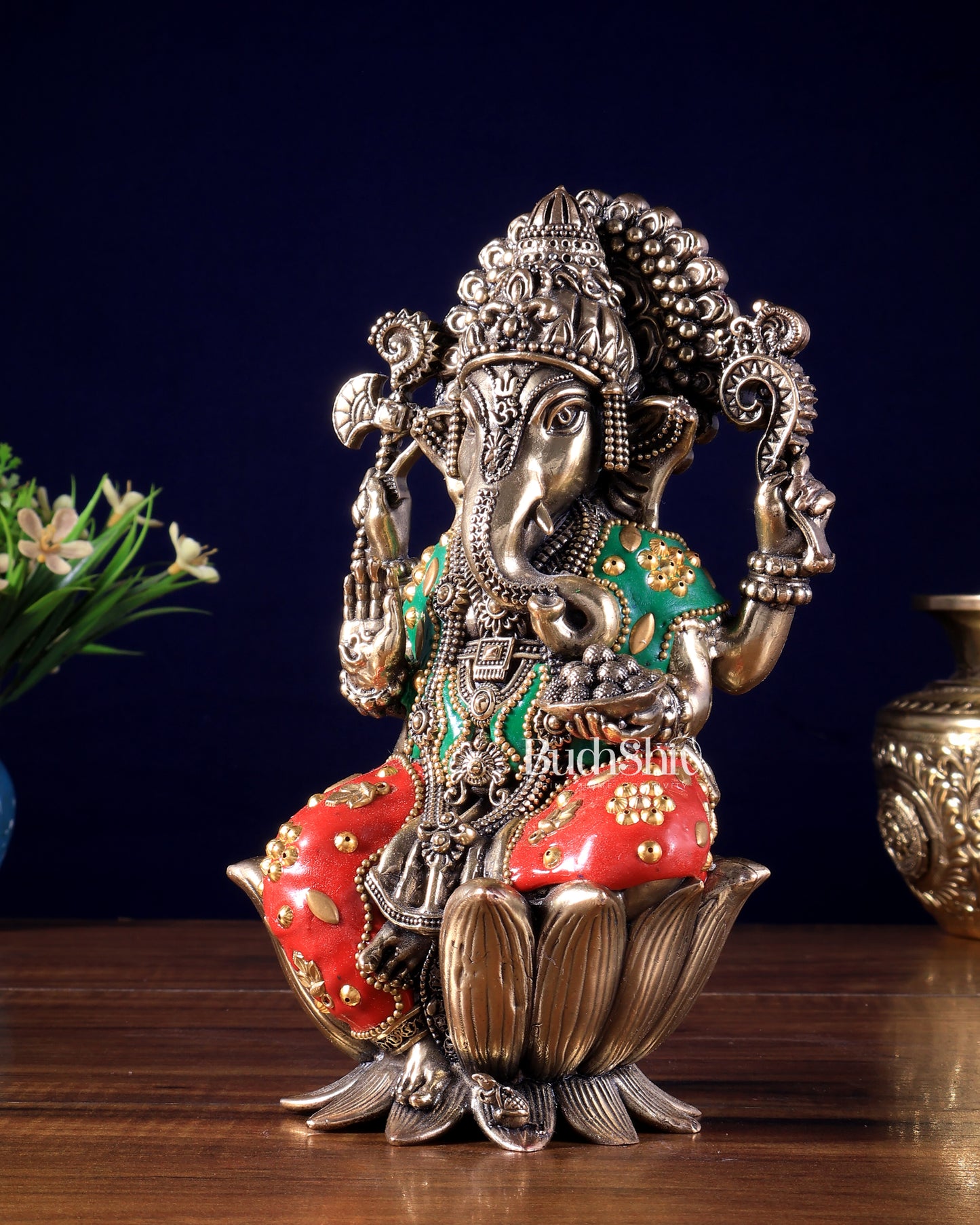 Exquisite Brass Idol of Lord Ganesha | 8 Inch meenakari