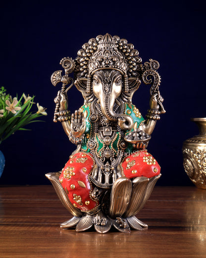Exquisite Brass Idol of Lord Ganesha | 8 Inch meenakari