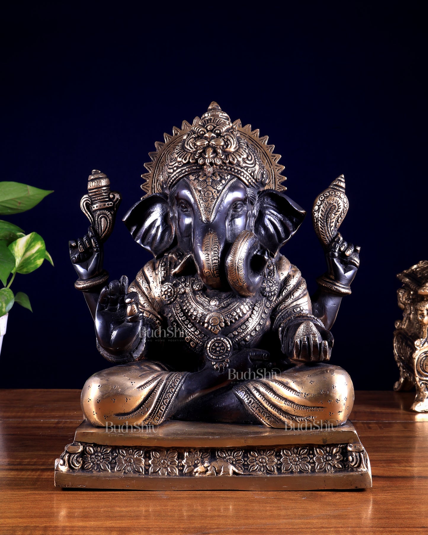 Pure Brass Dagdusheth Ganapati – Heat Treated Black & Gold Finish 12 inch