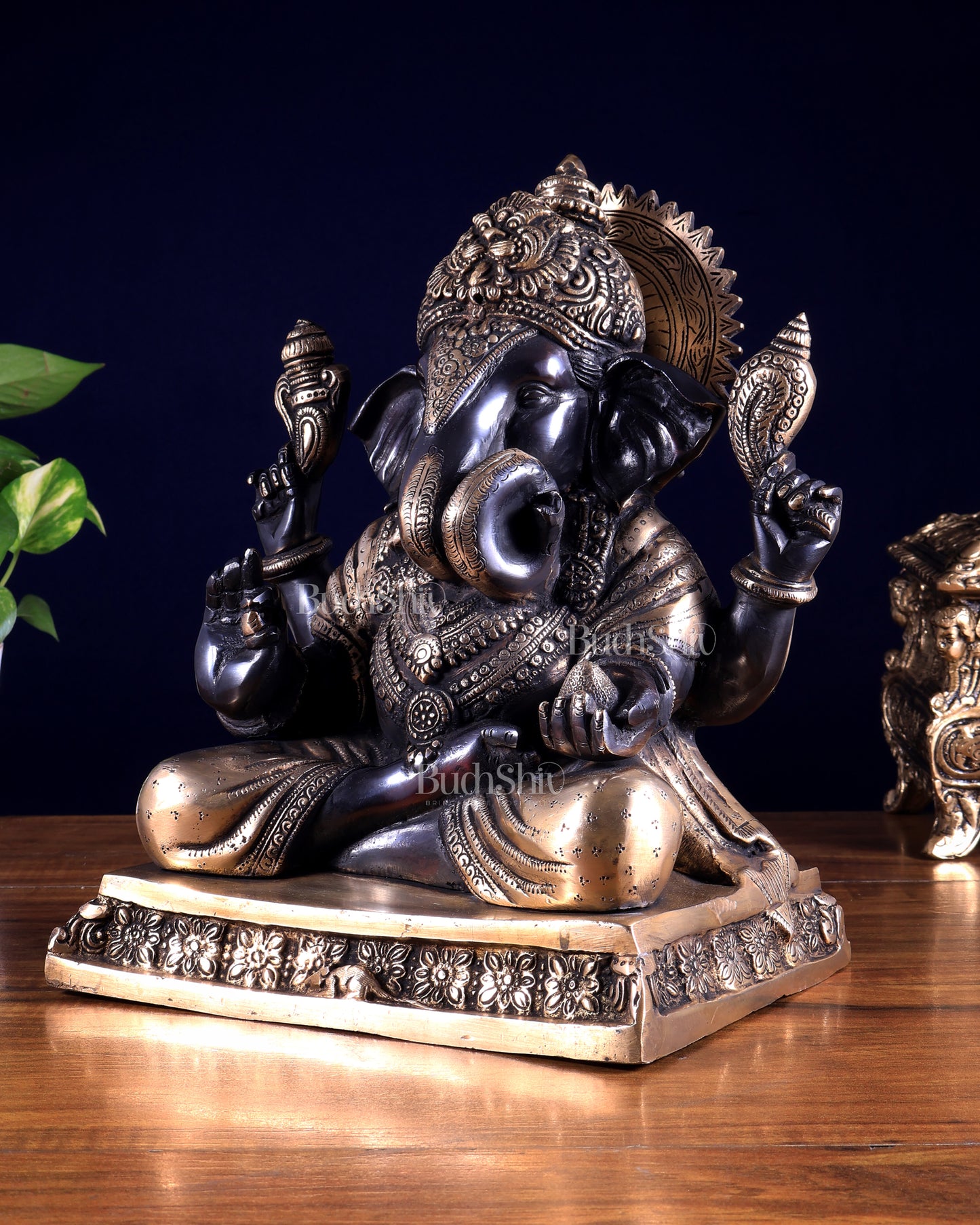 Pure Brass Dagdusheth Ganapati – Heat Treated Black & Gold Finish 12 inch
