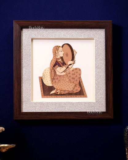 Indian Woman Playing Dafali – 3D Wooden Wall Art with Glass Frame