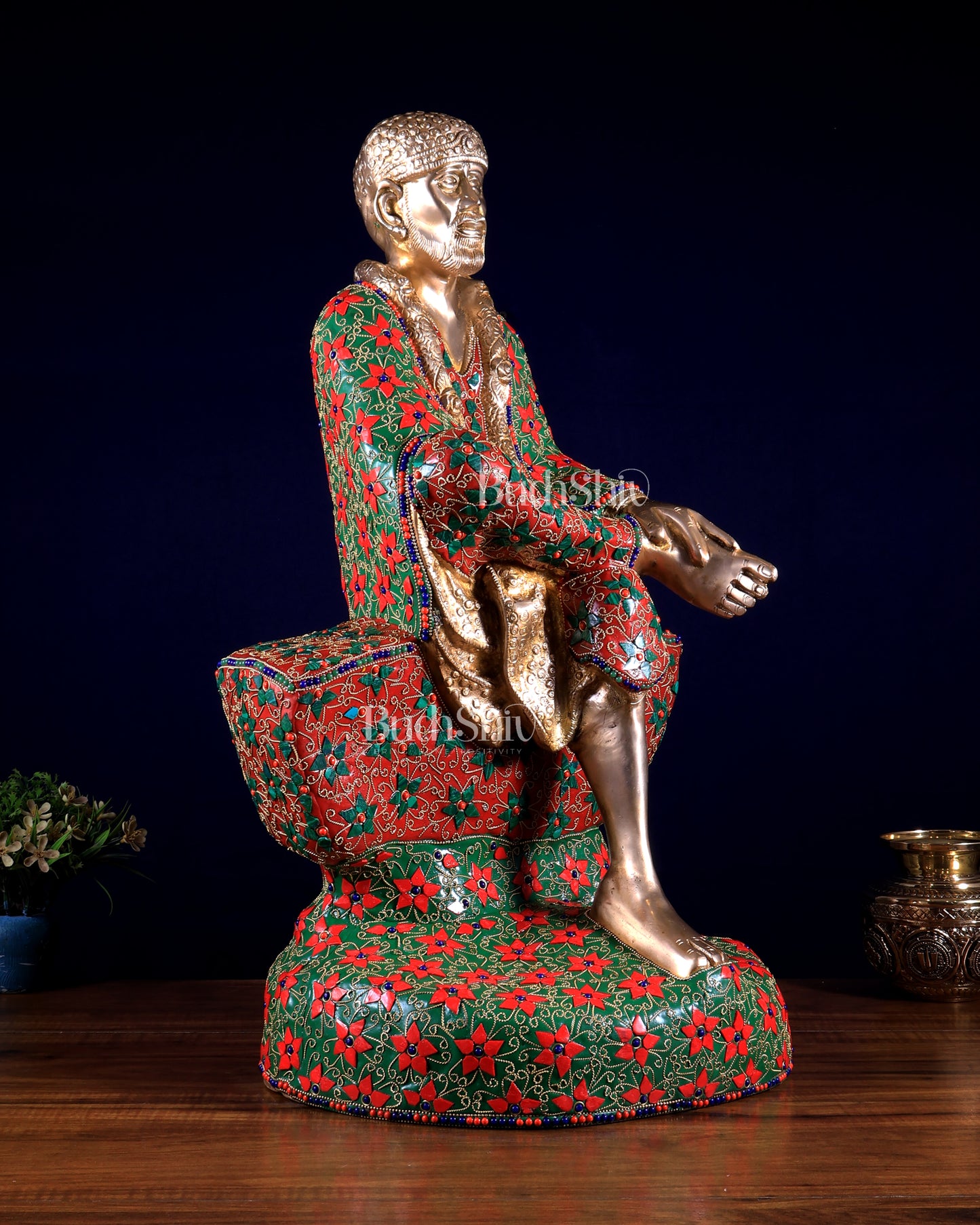 Brass large Shirdi Sai Baba Statue 24" floral stonework