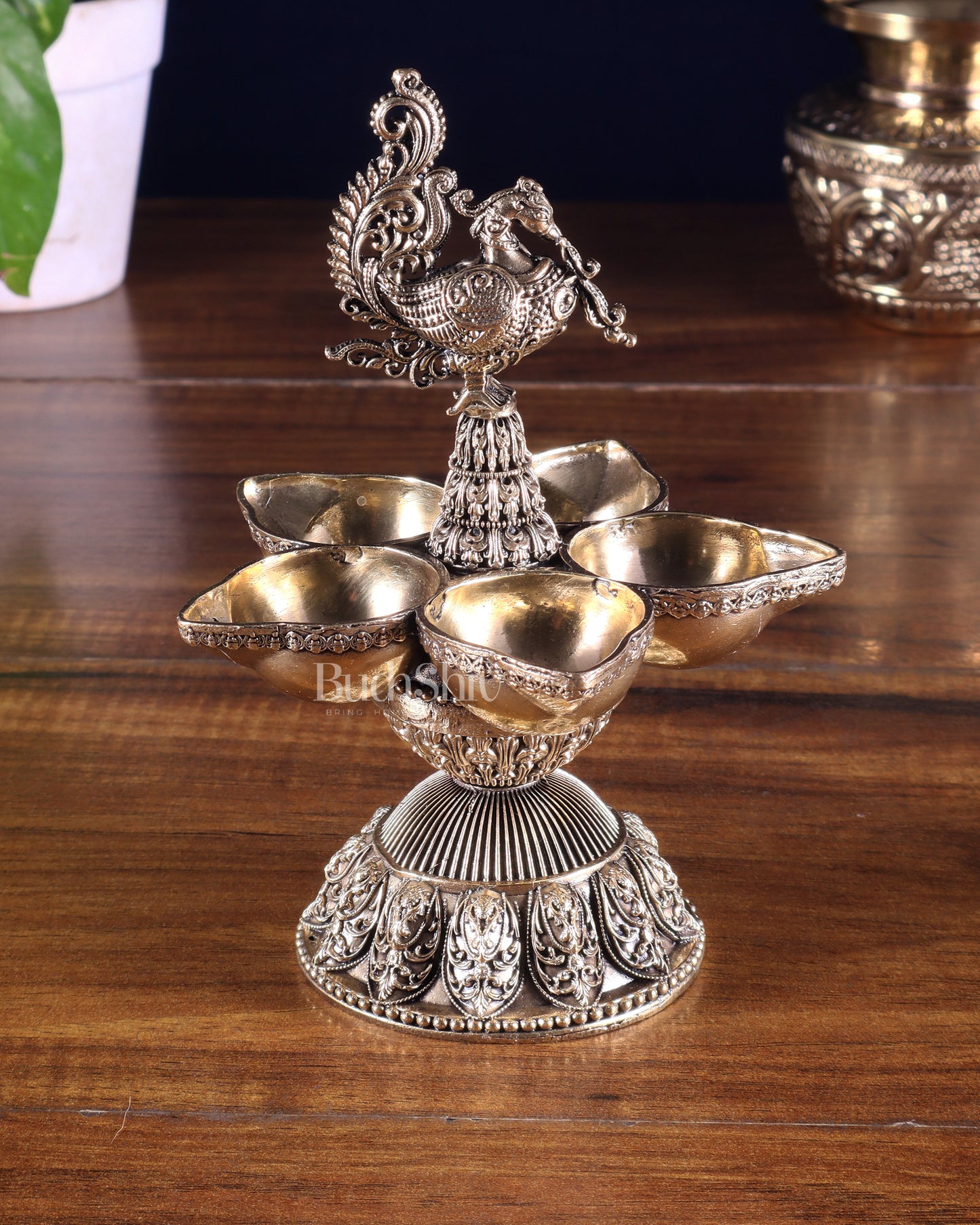 Brass Superfine Annam Lakshmi Peacock Panchdeep Diya | Single & Pair Options