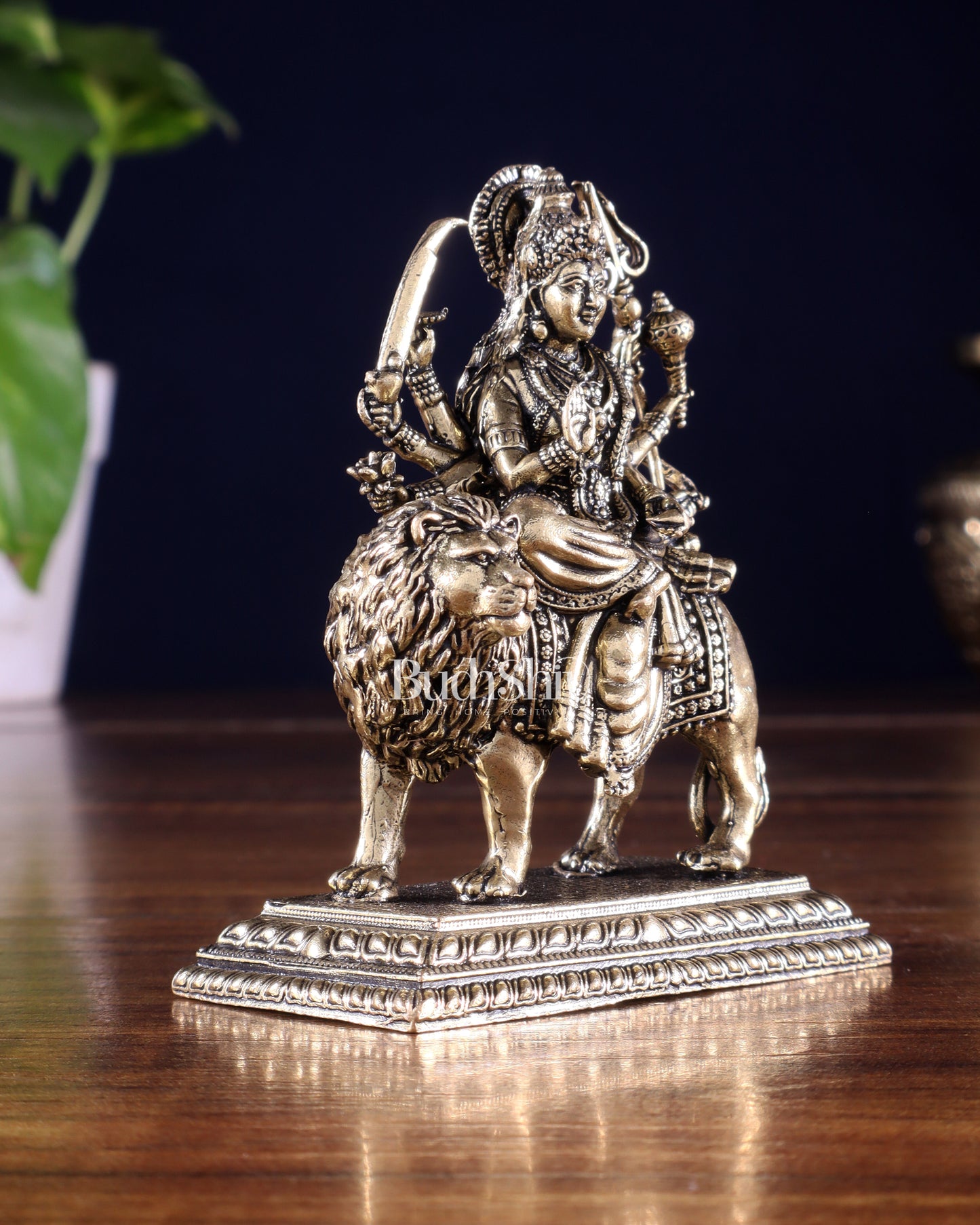 Brass Superfine Goddess Durga Ambe Mata on Lion Idol with Base 3.5 inch
