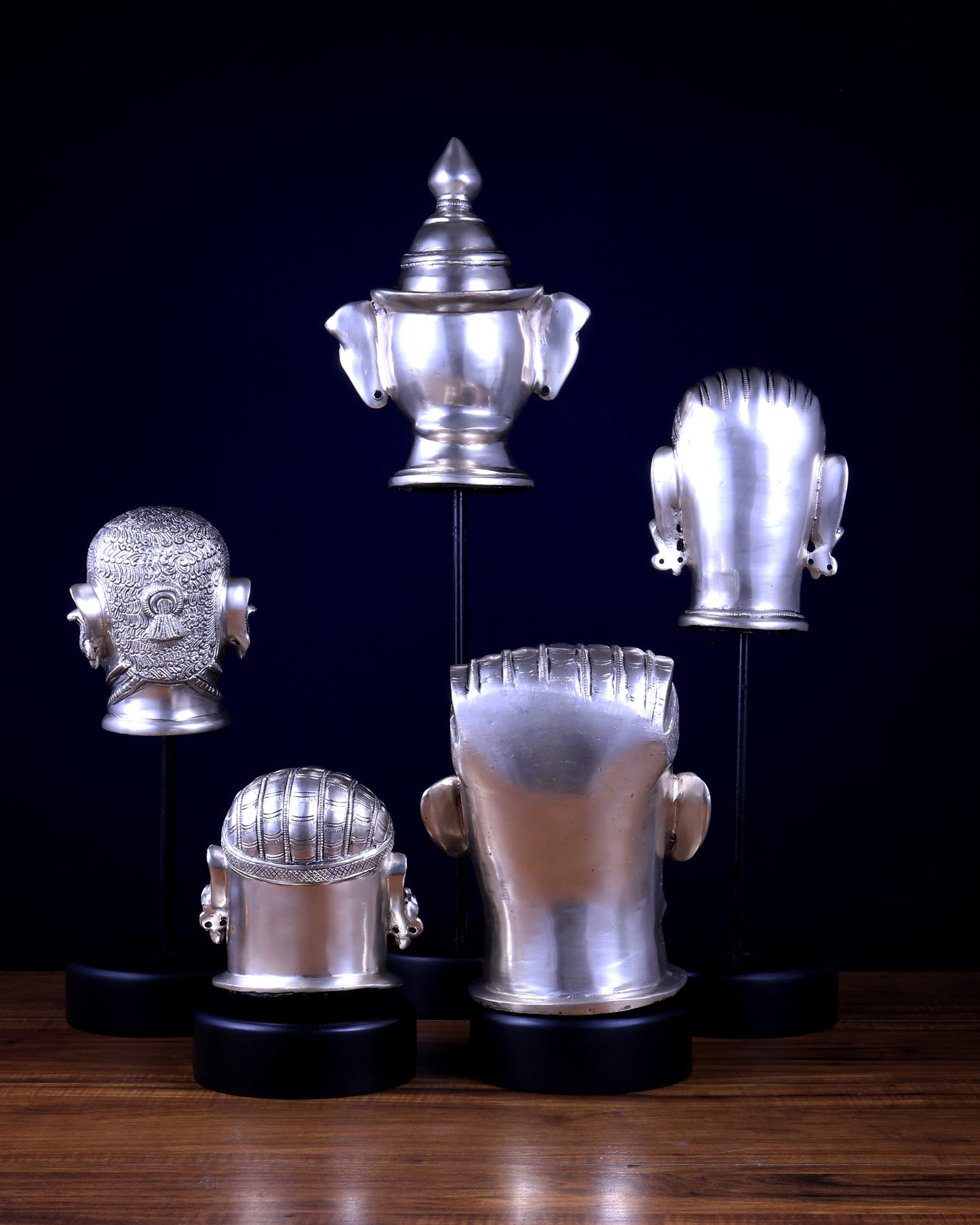 Pure Silver-Plated Brass Shiva Mukhlingam with Wooden Base set of 5