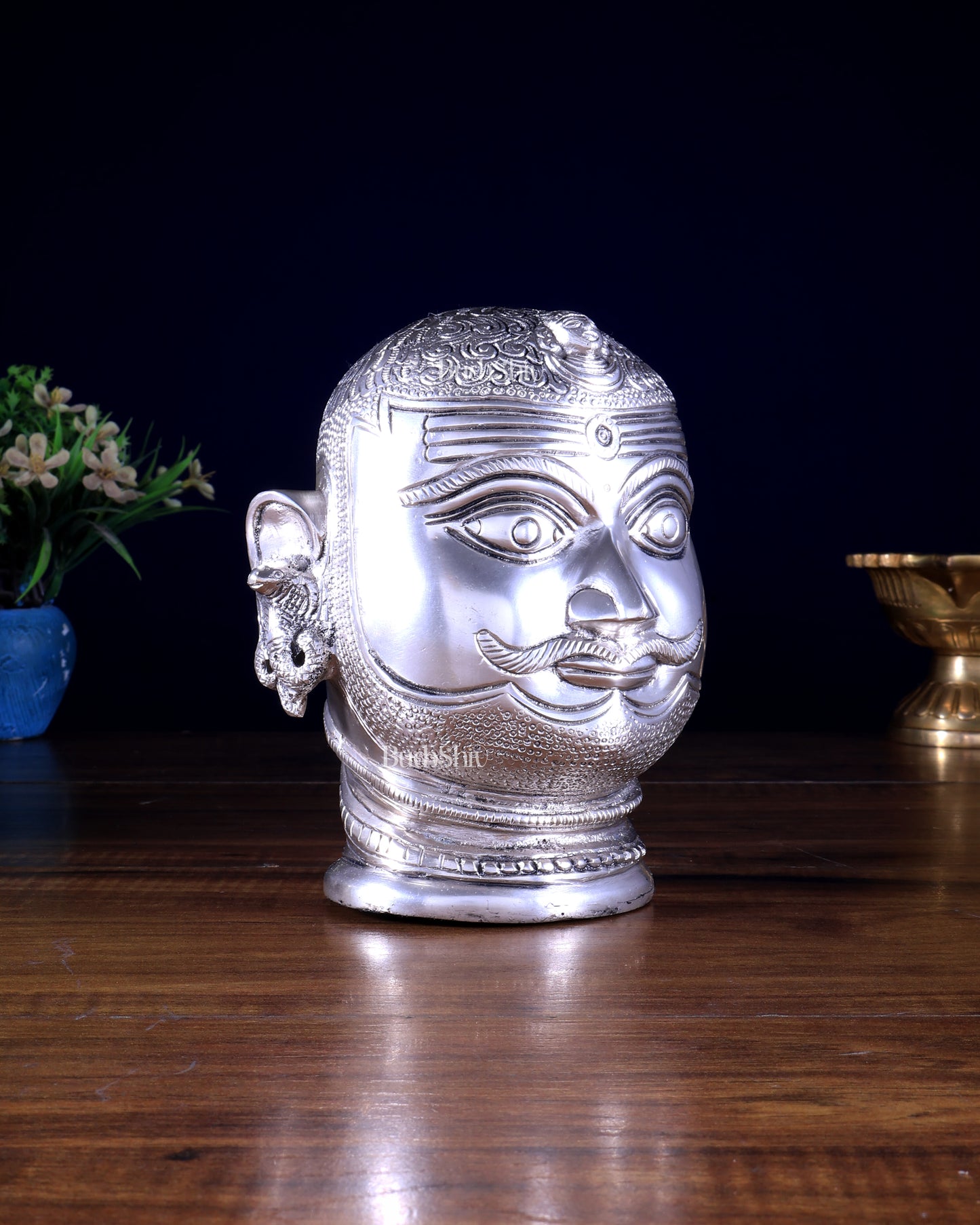 Pure Brass Lord Shiva Mukhlingam Face idol - Silver plated 6"