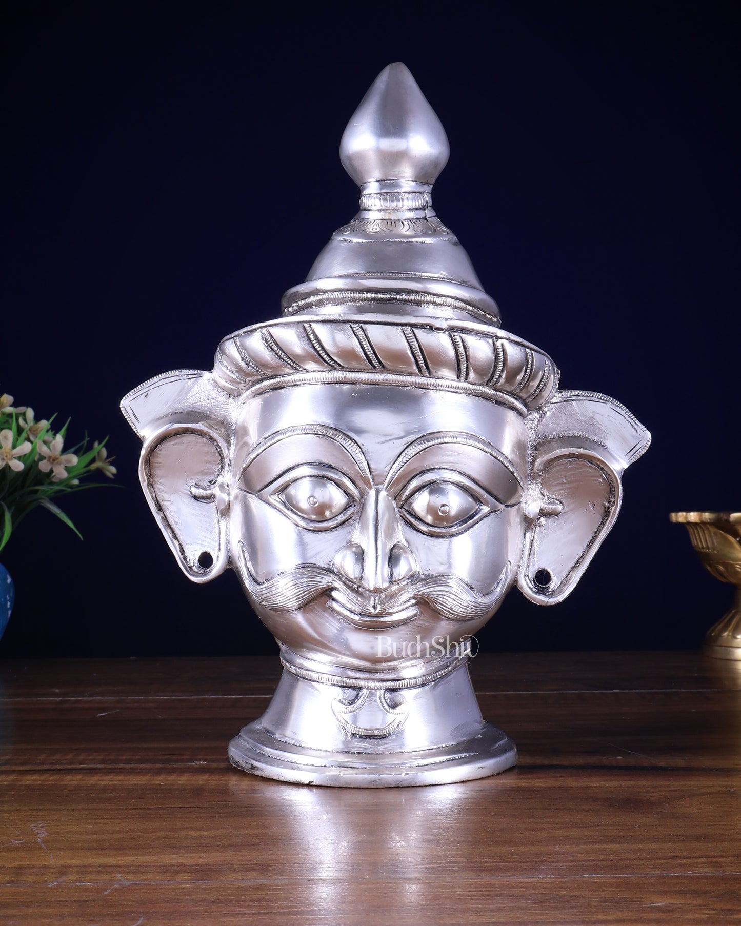 Brass Lord Shiva Mukhlingam silver plated Sculpture | 10"