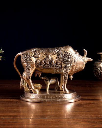 Pure Brass Superfine Kamadhenu Cow with Calf | Bleeding Brass Finish 6.5 inch