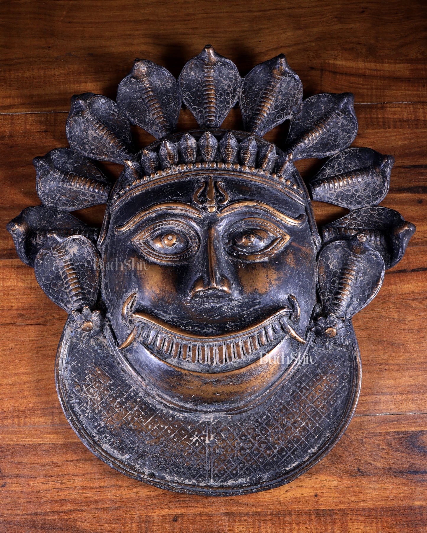 Vintage Bronze Kaal Bhairav Face Mask | Bhuta Wall Hanging 21 inch