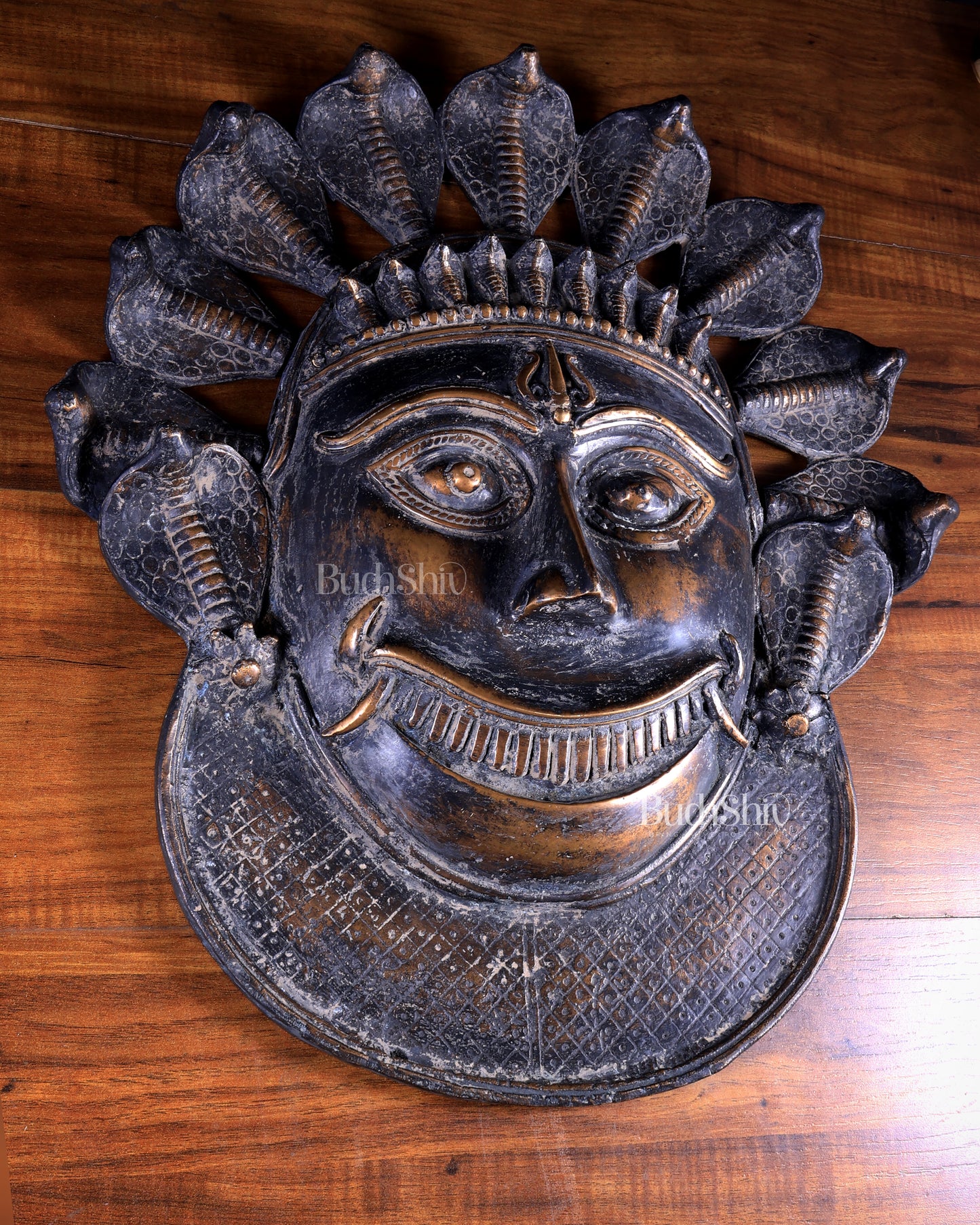 Vintage Bronze Kaal Bhairav Face Mask | Bhuta Wall Hanging 21 inch