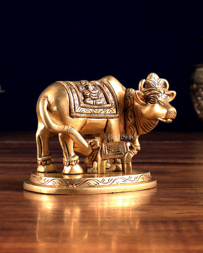 Small Brass kamdhenu Cow with Calf Idol 3"