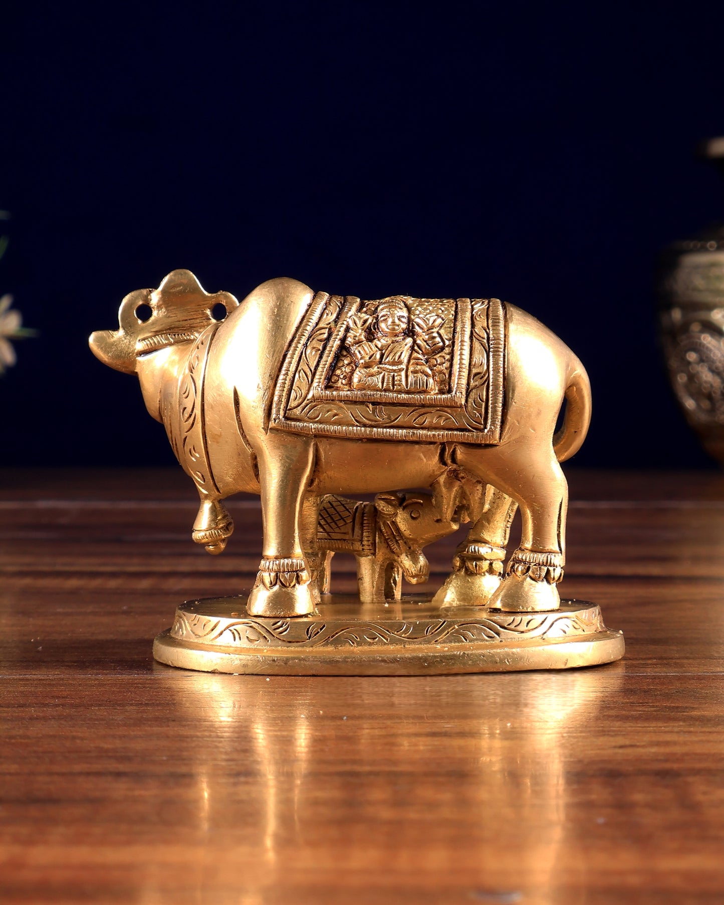 Small Brass kamdhenu Cow with Calf Idol 3"