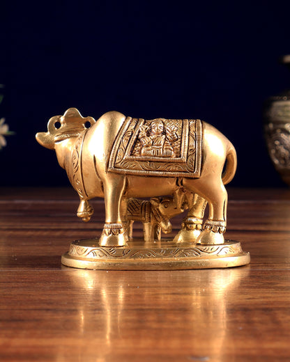 Small Brass kamdhenu Cow with Calf Idol 3"