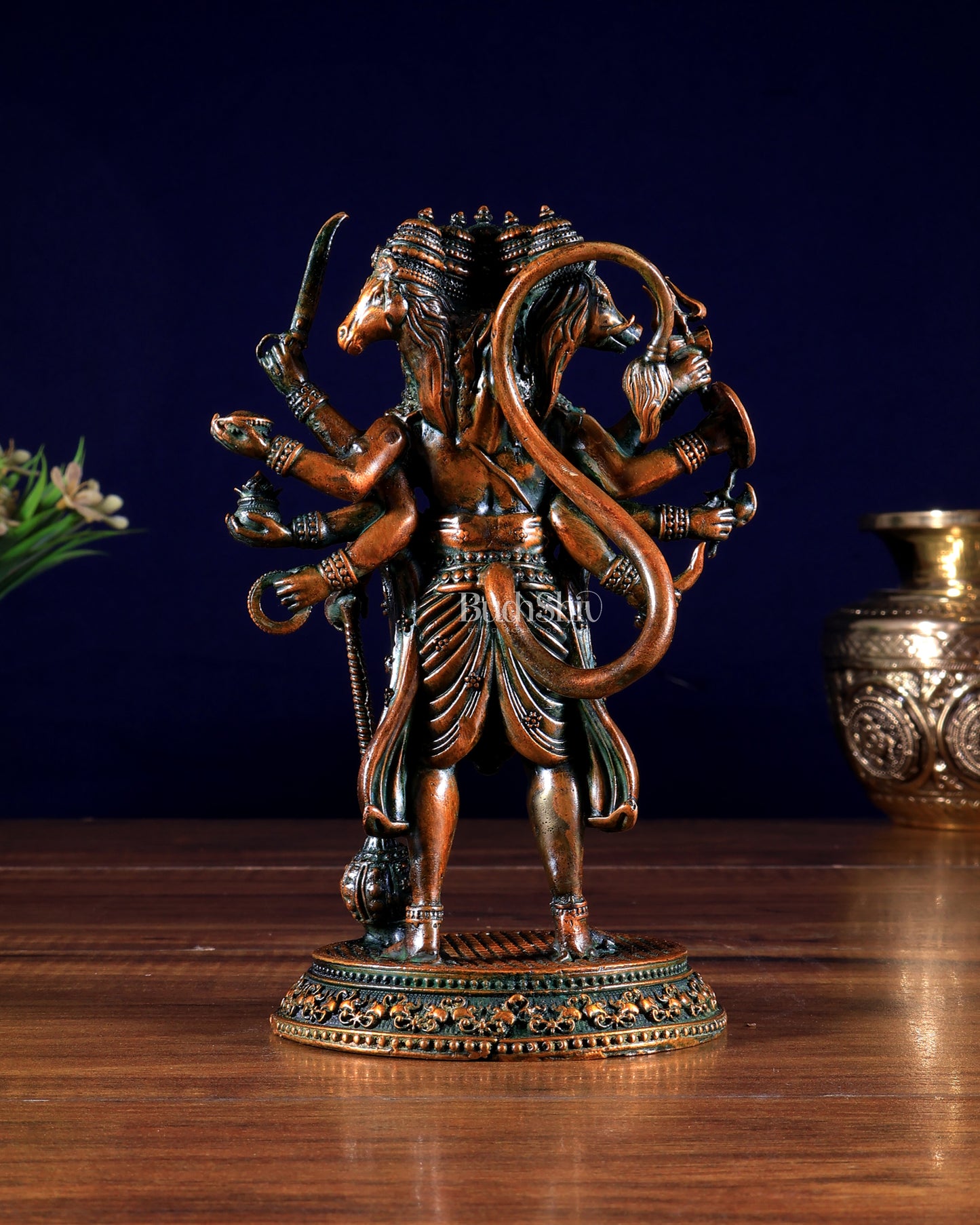 Pure Brass Superfine Standing Panchmukhi Hanuman Idol 6.5" chola brown finish