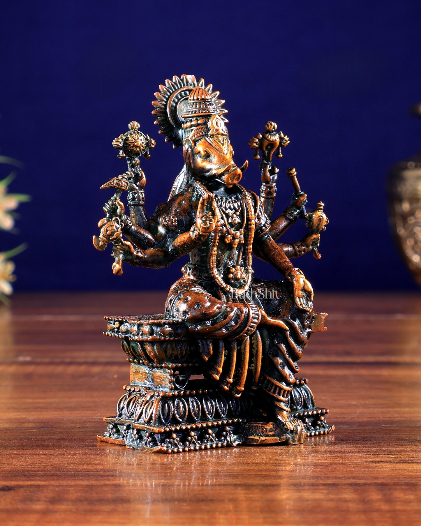 Intricate Hollow-Cast Goddess Varahi Superfine Brass Idol – 4" Tall chola brown tone