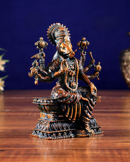 Intricate Hollow-Cast Goddess Varahi Superfine Brass Idol – 4" Tall chola brown tone