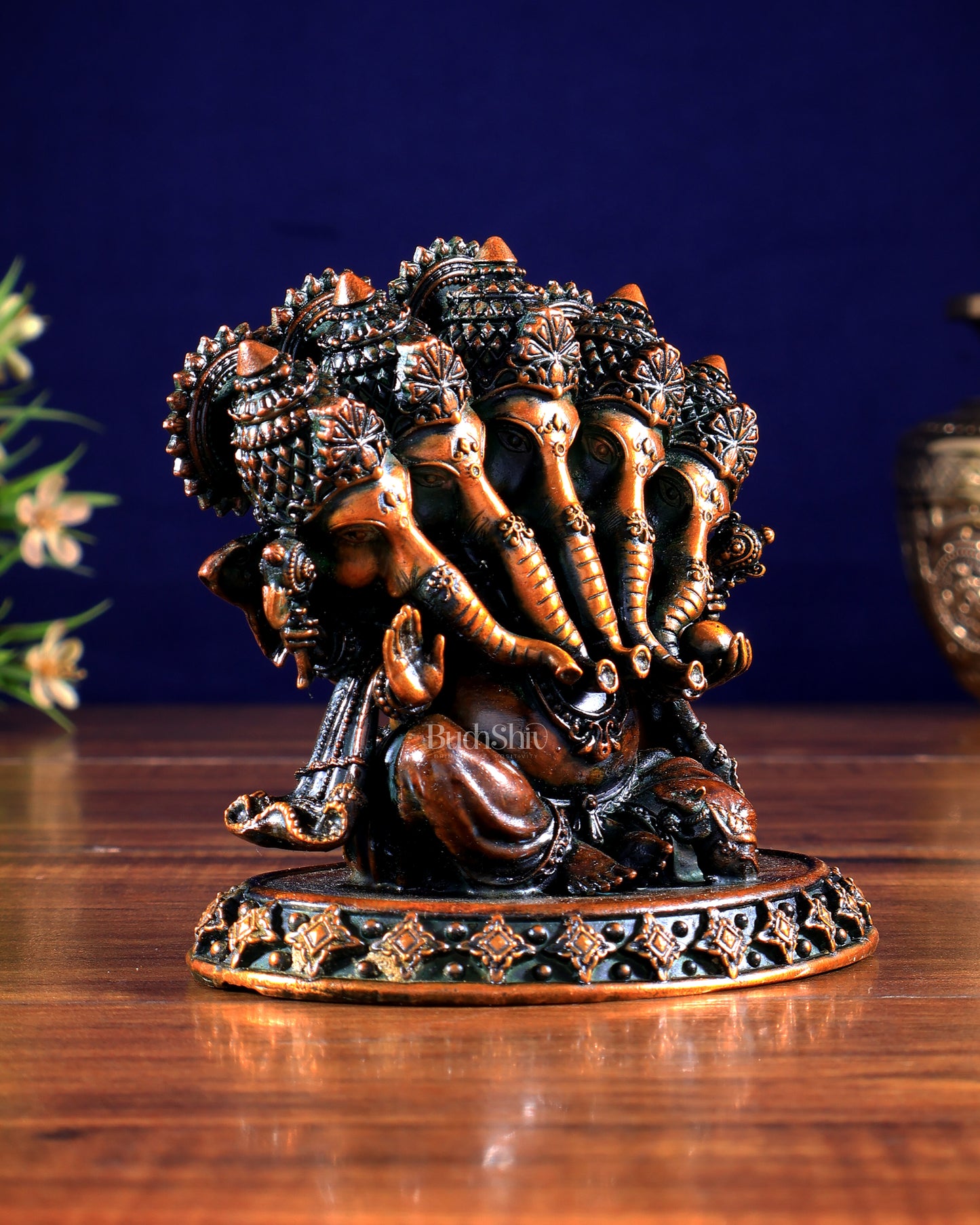 Brass Superfine Panchmukhi Ganesha Idol – Five-Headed Ganesha, 4.2" chola tone