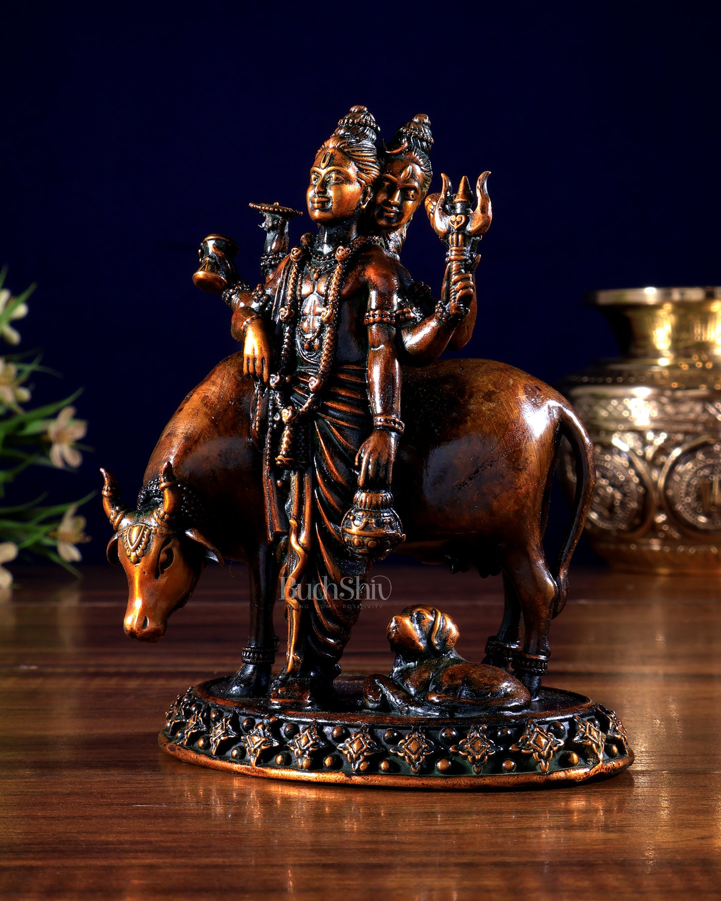 Pure Brass Superfine Dattatraya with cow and dog Idol - Hollow Casting, 5.5" chola brown tone