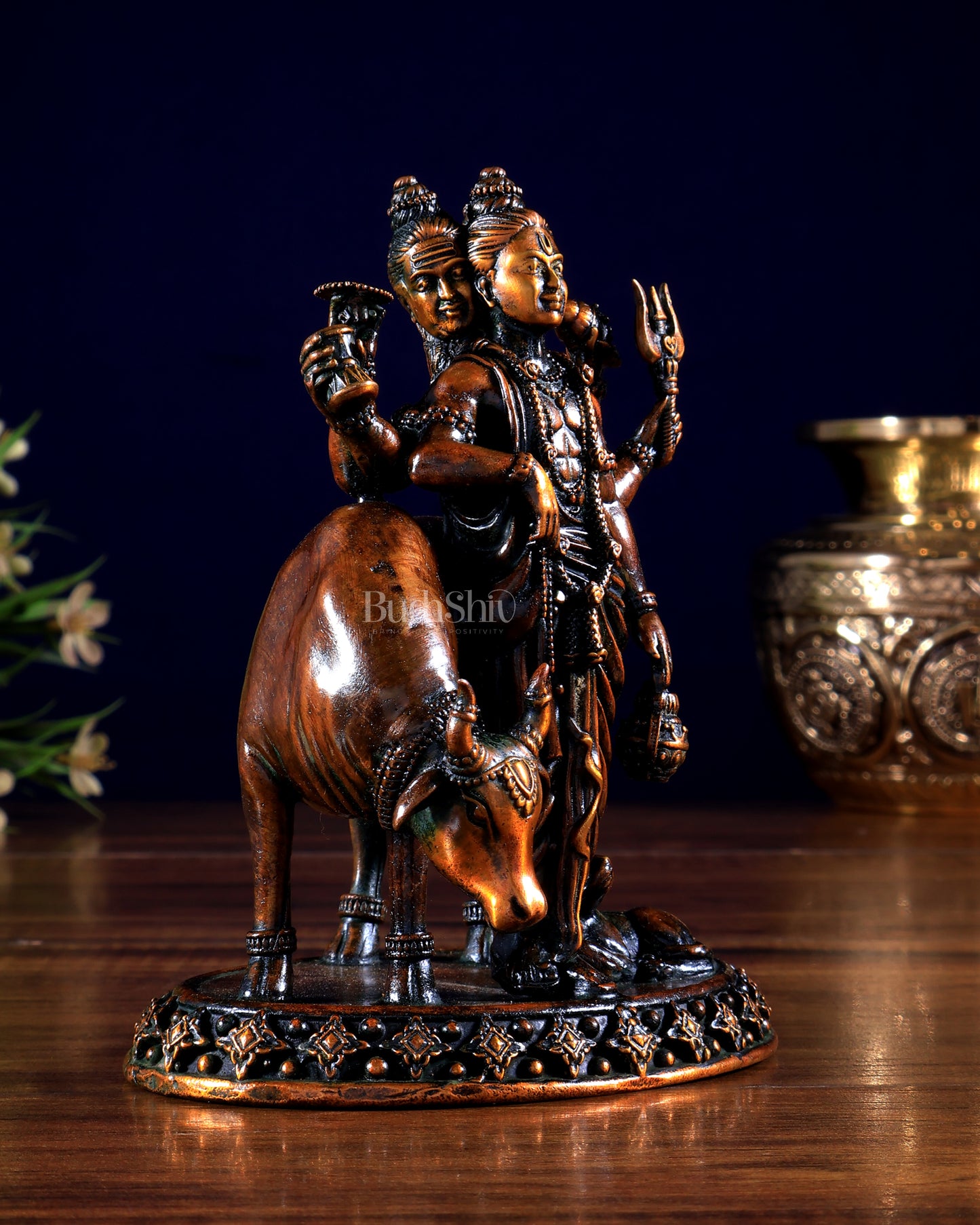 Pure Brass Superfine Dattatraya with cow and dog Idol - Hollow Casting, 5.5" chola brown tone