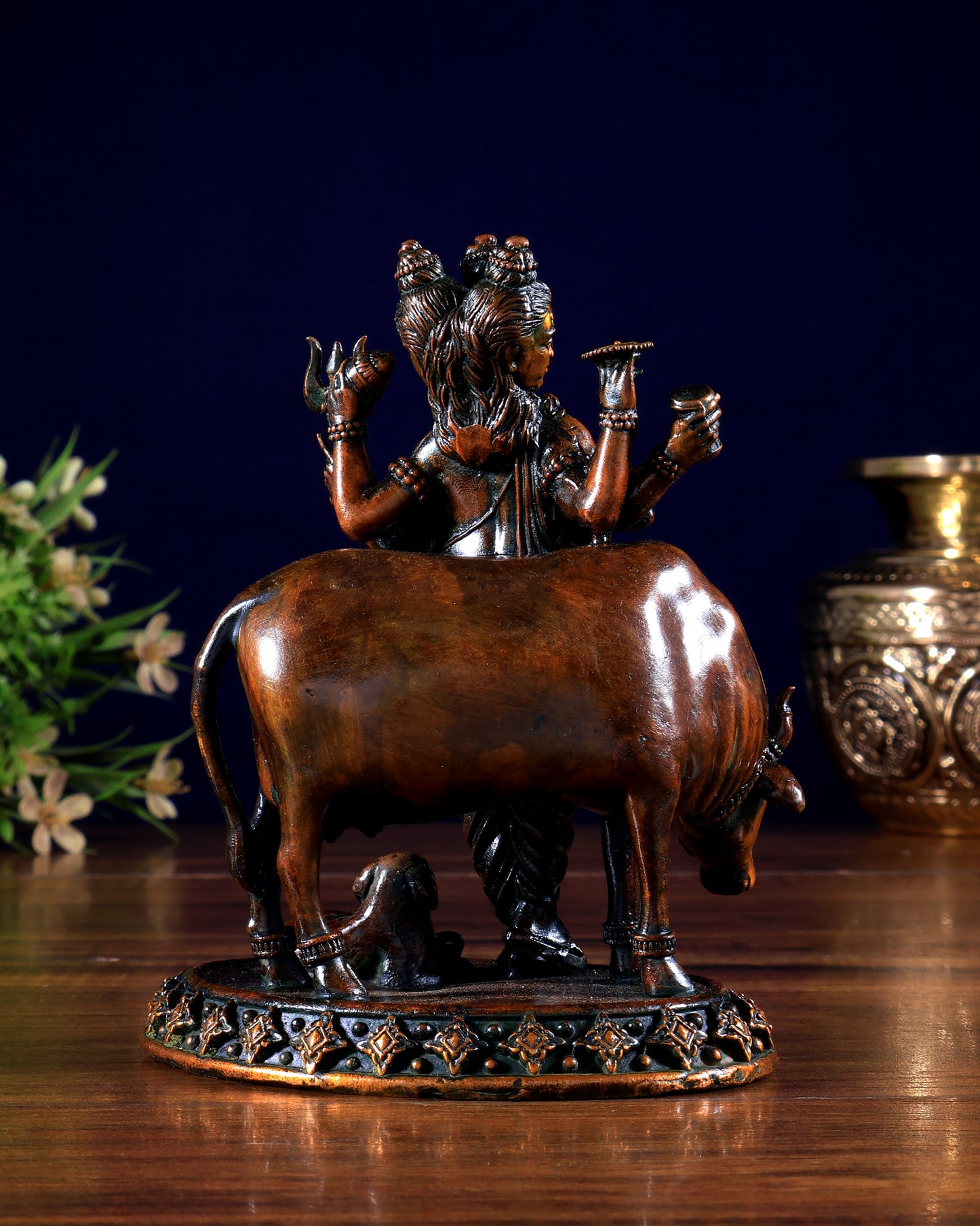Pure Brass Superfine Dattatraya with cow and dog Idol - Hollow Casting, 5.5" chola brown tone